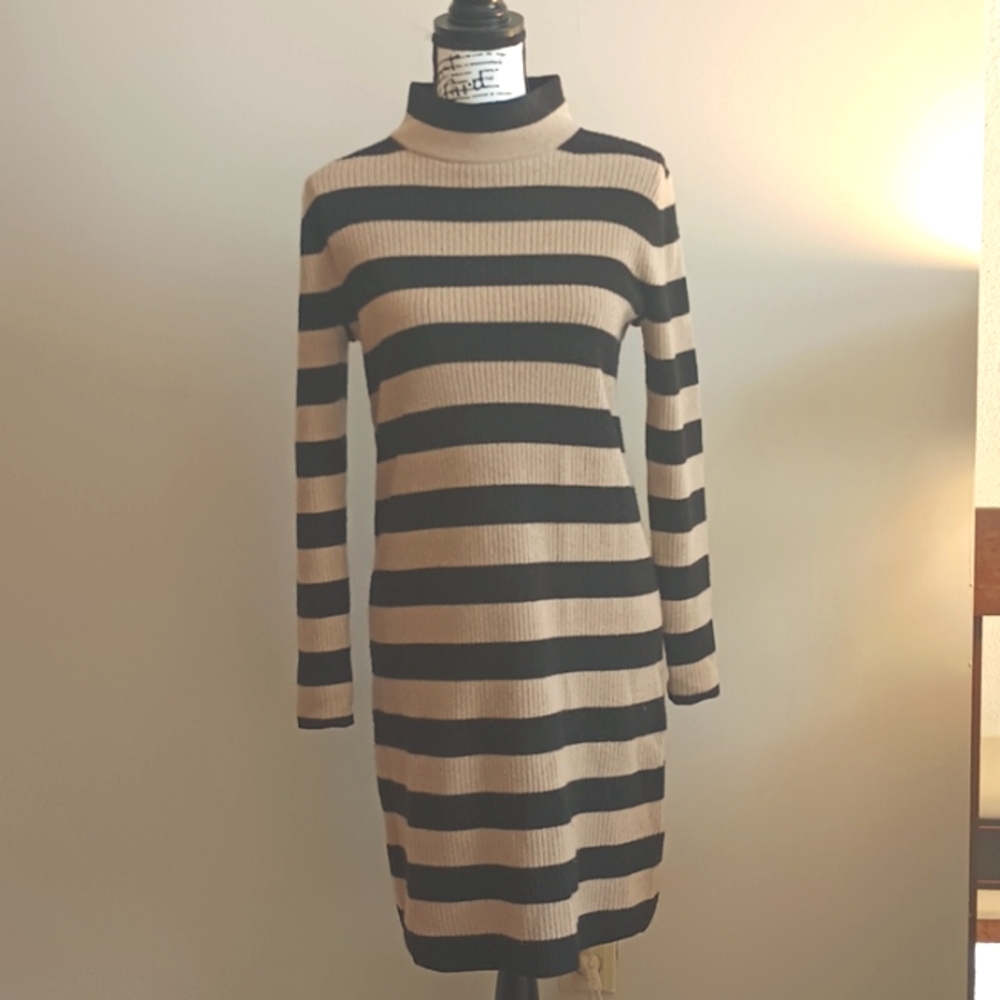 J Crew Black & Tan Striped Sweater Dress